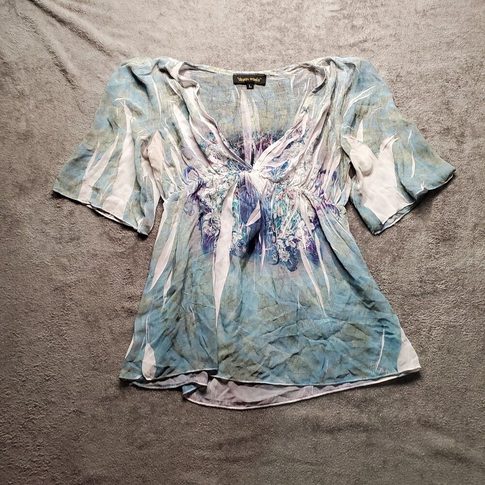 Y2K Design Works Babydoll Semi Sheer Coverup Shirt Festival Boho Size Large